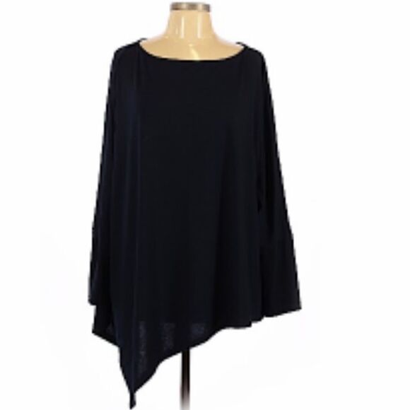 MISSLOOK NAVY BLUE ASYMMETRICAL HEM LONG SLEEVE STRETCHY TRAPEZE TOP LARGE NWOT - Picture 1 of 7